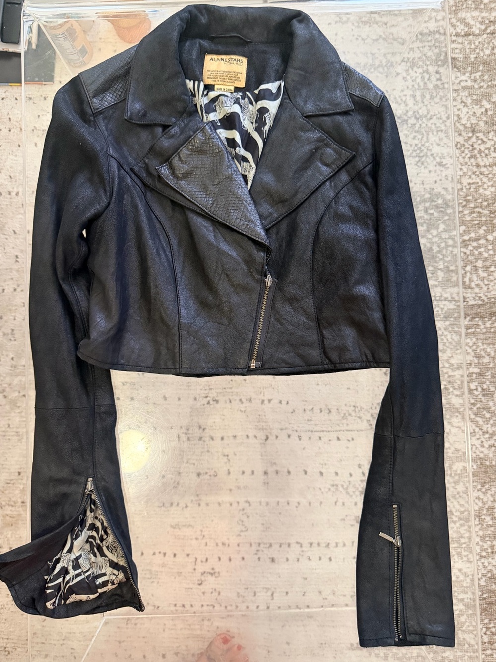 Alpinestars Black Cropped Leather Moto Jacket with silk Lining